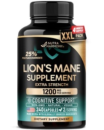 Lions Mane Supplement Capsules - for women & Men - Organic Lions Mane - Fruiting Bodies Extract - 1200 mg, 25% Polysaccharides - Memory & Focus Support - As Lions Powder - 240 Capsules, 4 Month Supply