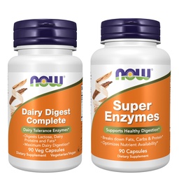 NOW Foods Digestive Enzyme Bundle* - Dairy Digest Complete 90 Veg Capsules + Super Enzymes Digestive Enzymes for Women & Men 90 Capsules - Supports Digestion of Lactose, Dairy, Fat, Carbs and Protein*