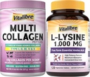 Vitalibre Multi Collagen Peptides Powder Type I II III V X + L-Lysine 1000 mg Tablets Bundle, Hydrolyzed Collagen Protein & Essential Amino Acid, Skin & Immune Support, 8oz Powder + 120 Tablets