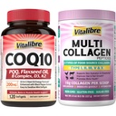 Vitalibre CoQ10 200mg, Ubiquinone with PQQ, Folate, Niacin, K2, D3, Black Pepper, Powerful Antioxidant, Energy Booster, 120 Softgels, and Multi Collagen Peptides Powder Type I II III V X, 8oz
