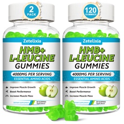 HMB and L-Leucine Gummies, 4000mg HMB and Leucine Supplements Amino Acid Gummies for Men & Women, Support Muscle Growth, Muscle Relief and Workout Recovery, Sugar-Free, Vegan, Apple Flavor, 120 Count