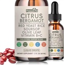 Red Yeast Rice Cholesterol Support Drops - Citrus, Bergamot, Soursop, Olive Leaf & Vitamin B+C Blend, Non-GMO Vegan Formula, 2 fl oz (1 Bottle)