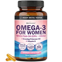 BioSchwartz Fish Oil Omega 3 Supplement for Women (120 Softgels, 4-Month Supply) 600mg Wild-Caught Omega 3 EPA + DHA, Evening Primrose Oil, Vitamin D & E for Hormone Balance, Heart Health - Non-GMO