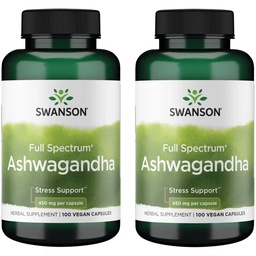 Swanson Ashwagandha Powder Supplement - with Ashwagandha Root to Promote Stress Relief & Energy - Ayurvedic Supplement for Natural Wellness (100 Capsules, 450mg Each) 2 Pack