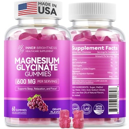 Magnesium Glycinate Gummies 600mg, Non-GMO, Gluten-Free, Magnesium Gummies for Adults & Kids, Sleep, Relaxation & Focus, Grape Flavor, 60 Count
