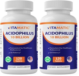 Vitamatic Acidophilus Probiotic - 10 Billion CFU - 5X Potency - Daily Probiotic Supplement, Supports Digestive Health - 120 Tablets (Pack of 2)