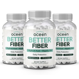 Organics Ocean Better Fiber - Daily Fiber Supplement - Soften Stool for Effortless Bowel Movements - with Psyllium Hulk and Slippery Elm - 3 Bottles
