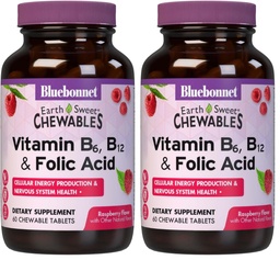 BlueBonnet Nutrition Earth Sweet Vitamin B6, B12, Plus Folic Acid Chewable Tablets, Vegan, Vegetarian, Gluten Free, Soy Free, Milk Free, Kosher, 60 Chewable Tablets, Raspberry Flavor (Pack of 2)