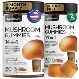 Mushroom Gummies120 Pcs (2 Pack) - Lion's Mane and 9 Adaptogenic Mushrooms Blend - Ashwagandha, L-Theanine - Mushroom Gummies for Energy, Immunity, Focus, Brain Boost - No Sugar and GMO