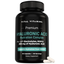 Vital Vitamins Hyaluronic Acid Supplement Hydration Complex - with Hyaluronic Acid, MSM, Vitamin C, Coconut Water Powder, & Silica - Skin Hydration Supplements - Non-GMO - 60 Capsules, 30 Servings