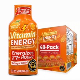 Vitamin Energy Orange Tango Extra Strength Energy Shot, 48 Pack - Up to 7 Hrs, 260mg Natural Caffeine, Zero Sugar - Green Tea Extract, Immune Support, B12 B6 Niacin, 1.93 fl oz, Keto Vegan