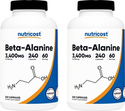 Nutricost Beta-Alanine Capsules 3400mg, 240 Caps (2 Pack) - Potent Beta Alanine, Gluten Free & Non-GMO, 850mg Per Cap, 60 Serv Per Bottle | Potent Beta Alanine, Gluten Free & GMO-Free, 850mg Per Cap, 60 Serv Per Bottle