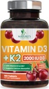 Vitamin D3 K2 2000 IU Plus with K2 (MK-7) 75 mcg - Vitamins D & K Complex Supplement for Bone, Teeth, Muscle, Calcium Absorption, Supports Immune & Heart Health, Non-GMO Chewable Formula - 180 Tablets