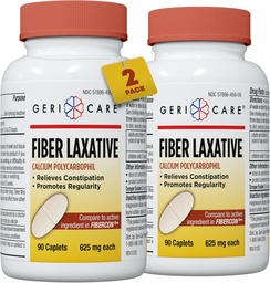 GeriCare Fiber Laxative - 625mg Calcium Polycarbophil Supplement - Gentle Effective OTC Relief for Constipation and Hemorrhoids - Insoluble Fiber Caplets 90 Count (Pack of 2)