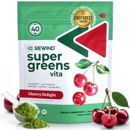 Rewind Best Tasting Super Greens Powder with 40+ Superfoods – Delicious Daily Green Powder with Vitamin B12, Zinc, Vitamin C, Magnesium & Calcium – Green Juice Superfood Mix - Cherry Flavor