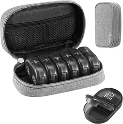 Serfeymi Weekly Travel Pill Organizer 2 fois par jour AM PM Upgraded Black Pill Box 7 Day with Portable Zipper Canvas Pill Case, organisateur de médicaments pour les pilules, vitamines, suppléments, huiles de poisson - Gris 01