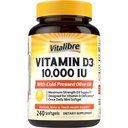 Vitalibre Maximum Strength Vitamin D3 10,000 IU (250mcg), Highly Bioavailable, with Cold Pressed Olive Oil, Immune, Bone & Teeth Health Support, No Soy, Sunshine Vitamin, 240 Mini Softgels