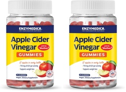 Enzymedica, Apple Cider Vinegar Gummies, Made with The Mother, 12 Organic, USA-Grown Apples per Bottle,[c][d] 1000 mcg Vitamin B12 per Serving, Natural Apple, 74 Count (Pack of 2)