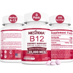 Vitamin B12 10,000 mcg Sublingual, Methylcobalamin, Sugar Free,270 Servings | Methylated Vitamin B12 Sublingual for Energy Boost, Metabolism, Blood Cell Function, Methylation, Vegan, No-GMO Fast Dissolve