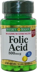 Nature's Bounty Folic Acid 800 mcg Tablets Maximum Strength 250 ea (Pack of 5)