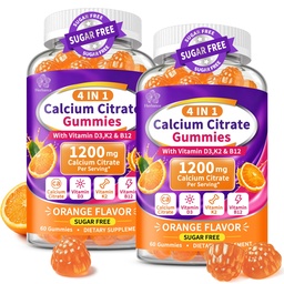 2 Packs Calcium Citrate Gummies 1200mg with Vitamin D3 K2 B12, 4-in-1 High Absorption Calcium Supplement for Women Men, Bone Teeth Muscle Support, Calcium Gummies for Adults,Sugar Free,Orange Flavor