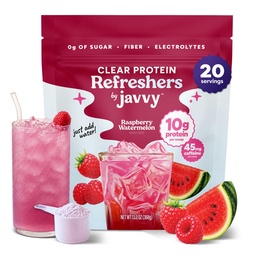Javvy Clear Protein Powder with Clear Whey Protein, Raspberry Watermelon | 10g Whey Protein & Collagen Peptides, Electrolyte Powder, Natural Flavors, 0g Sugar, 3g Fiber, 45mg Caffeine