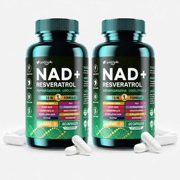 NAD Supplement for Women & Men, 13-in-1 NAD+ Complex with Urolithin A, Resveratrol & CoQ10, Cellular Energy, Focus & Daily Vitality Support, 60 Capsules (2-Pack)