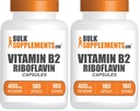 BulkSupplements.com Riboflavin Capsules - Vitamin B2 400 mg, Riboflavin 400mg - Essential B Vitamin, Gluten Free, 1 Capsule per Serving, 180 Capsules (Pack of 2)