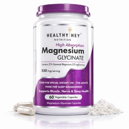 HealthyHey Nutrition Magnesium Glycinate Supplement High Absorption for Sleep, Cramps, & Nerves Health - 60 Vegetable Capsules