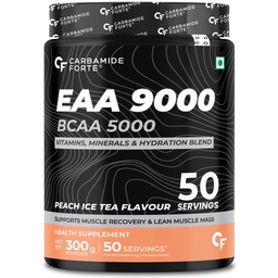 Carbamide Forte Eaa Supplement with Bcaa 5000Mg | Eaa intra workout Supplement for Men & Women with Hydration Blend & Vitamins – Peach Iced Tea Flavour - 50 Servings - Powder 300G