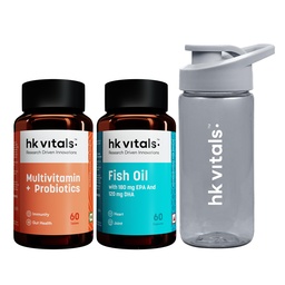 hk vitals Fish Oil & Multivitamin+ Probiotics, 2x60 Tablets + Sipper 300ml