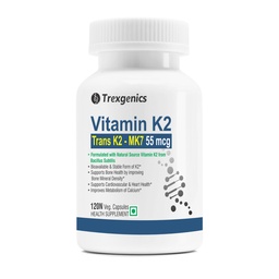 Trexgenics VITAMIN K as TRANS K2 MK7 Menoquinone-7 55 mcg Natural Source, Bone, Cardiovascular Health (120 Veg Capsules)