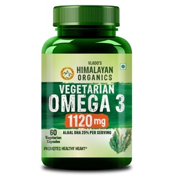 Vlado's Himalayan Organics Vegetarian Omega 3 - 1120 MG Supplement | 3X Strength | Veg DHA | Omega 3 | Algal DHA | Plant Based | No Fish oil Used I Healthy Heart, Joints & Eyes I Omega Capsules for Men & Women- 60 Veg Capsules