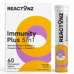 5 in 1 Immunity Plus – Immune Support & Antioxidant Supplement – Vitamin C, Zinc, Manuka Honey, Rosehip & Propolis – Natural Zesty Orange Flavor – 60 Day Supply Effervescent Tablets