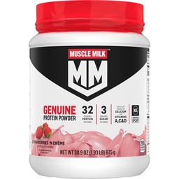 Lait musclé Poudre de protéines authentiques, fraises «N Crème, 1,93 livres, 13 portions, 32g Protéines, 3g Sucre, Calcium, Vitamines A, C & D, NSF certifié pour le sport, Energing Snack, Emballage May Vary