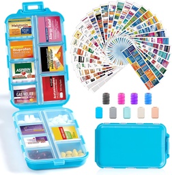 14 Grilles Boîte d'organisateur de pilules de voyage avec 415-Pcs Medicine Name Etiquettes - Pocket Daily Pharmacie Trousse de contenants - Distributeur de médicaments de voyage pour l'huile de poisson - Bleu