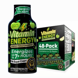 Vitamine Energy Workout+ Extra Strength Energy Shot Sour Apple 48 Pack, 260mg Caféine naturelle, Pré-entraînement, B-Vitamines, Minéraux, Endurance et Performance, Zéro Sucre, Sans gluten, Vegan, 1.93 fl oz