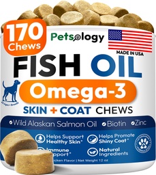 Omega 3 Huile de poisson pour chiens - 170 Chews - Omega 3 pour chiens Démangeaisons de peau et de soulagement de l'allergie - Supplément de peau et de manteau - Acide gras de l'EPA et de l'ADH - Traitement de la tache chaude et de l'anti-dépôt des chiens - Huile de saumon