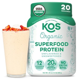 KOS Poudre de protéines végétales, non aromatisée et non sucrée - Mélange de protéines de pois à faible teneur en glucides, superaliments organiques riches en vitamines et minéraux - sans kéto, soja, laiterie - substitut de repas pour les femmes et les hommes - 20 portions