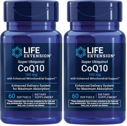 Extension de vie Super Ubiquinol CoQ10 avec soutien Mitochondrial amélioré, santé cardiaque et soutien à la production d'énergie cellulaire, Absorbable ultra, sans gluten, non-OGM, 100 mg, 60 softgels (paquet de 2)