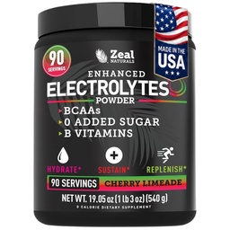 Zeal Naturals Electrolyte Powder Recovery Drink (90 portions) w 0 Sucre + BCAA + B-Vitamines Supplément Electrolyte w Potassium Zinc & Magnésium pour l'hydratation - Keto Electrolytes