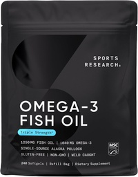 Recherche sportive Huile de poisson Triple Strength Omega 3 - Supplément d'huile de poisson sans Burpless w/EPA & DHA Acides gras de l'Alaska sauvage Pollock - Soutien cardiaque, cérébral et immunitaire pour les hommes et les femmes - 1250 mg, 240 ct