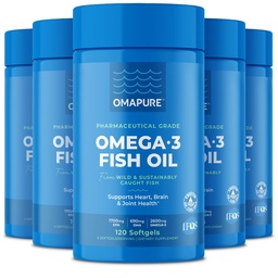 Suppléments d'huile de poisson avec acides gras Omega 3 (5 bouteilles, 120 softgels) - Haute EPA, DHA et IFOS Piles d'huile de poisson soutenir le coeur et la santé articulaire - Huile de poisson sans Burpless favorise la fonction cérébrale