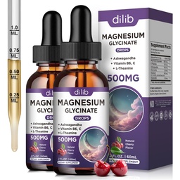 (2 Pack) Magnesium Glycinate Liquid Drops 500mg, with Vitamin B6, Ashwagandha, L - Theanine, Chamomile, Magnesium Glycinate Supplement High Absorption for Sleep, Stress, Energy Mood - Cherry Flavor