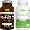 Vitamine quotidienne D3 + Ashwagandha+ L-Theanine & Magnésium Végétarien Bundle, 365 2000iu Vitamine D3 Comprimés + 600mg KSM-66 Ashwagandha avec des vitamines Zinc & B, par Igennus
