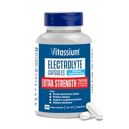 Capsules d'électrolyte Vitassium Extra Strength, 750mg de sodium pour la prise en charge des POT et des régimes à haute teneur en sodium, non aromatisé, 100 pilules de sel (taille 00)