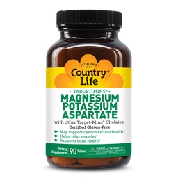 Pays Vie Cible Mins Magnésium Potassium Aspartate, 600mg/198mg, 90 comprimés, certifié sans gluten, certifié végétalien