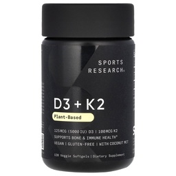 Recherche sportive Vitamine D3 avec softgels K2 - base végétale K2 & Vegan D3 5000iu avec huile de noix de coco MCT - Vegan Certified, Soy & Gluten Free - 120 Compte