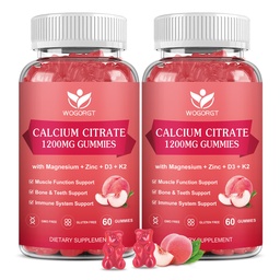 Citrate de calcium 1200mg Gommies avec vitamine D3, K2 - Supplément de zinc de magnésium de calcium à croquer avec extrait de mousse de mer pour les os, les dents, le soutien immunitaire pour les femmes et les hommes, Peach Flavor-60 Gommies(2Pack)