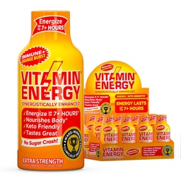 Vitamine Energy Immune+ Extra Strength Energy Shot – Orange Burst – 100% DV B-Vitamines & 260mg Caféine – Zéro calories, sans sucre, végétalien, – Immunity & Energy Support – 1,93 fl oz, 12-Pack